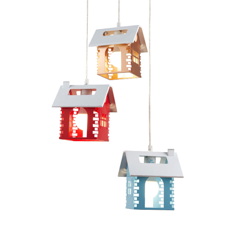Metallic House Shape Multi Light Pendant Macaron 3 Heads Red-Yellow-Blue Suspension Lamp