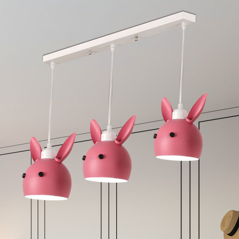 Macaron 3-Light Multiple Hanging Light Grey/Pink Rabbit Head Shape Pendulum Lamp with Metal Shade