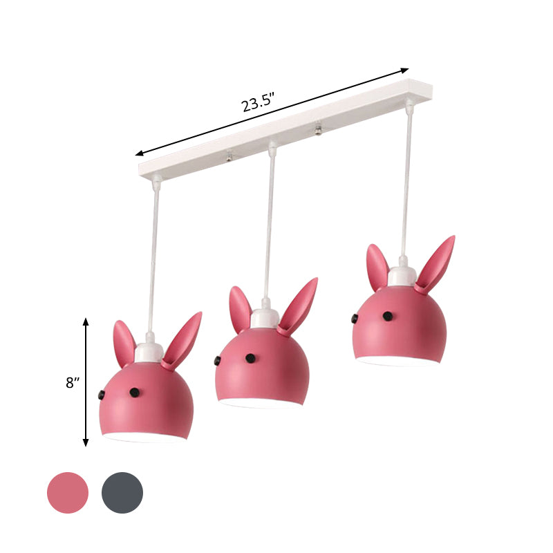 Macaron 3-Light Multiple Hanging Light Grey/Pink Rabbit Head Shape Pendulum Lamp with Metal Shade