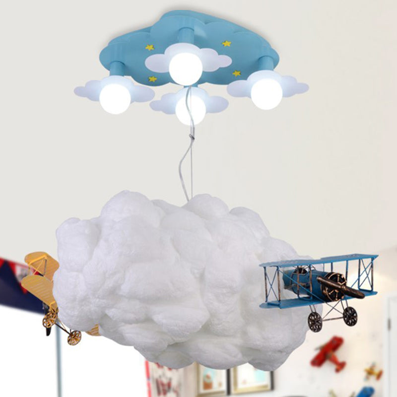 Cartoon Cloud and Airplane Hanging Chandelier Metal 7 Bulbs Kids Bedroom Ceiling Pendant Light in White