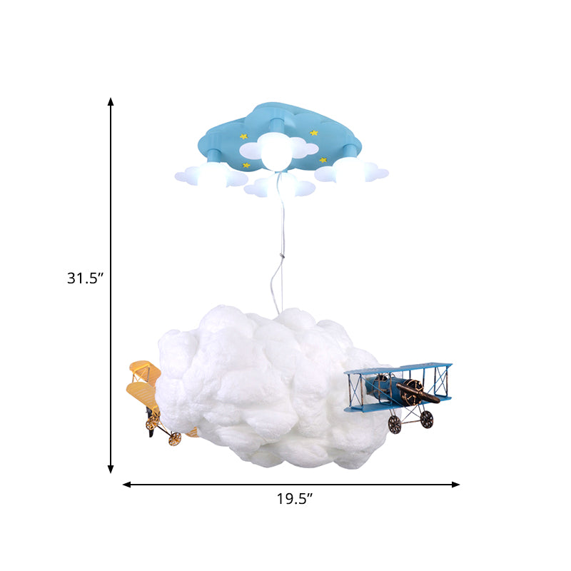 Cartoon Cloud and Airplane Hanging Chandelier Metal 7 Bulbs Kids Bedroom Ceiling Pendant Light in White
