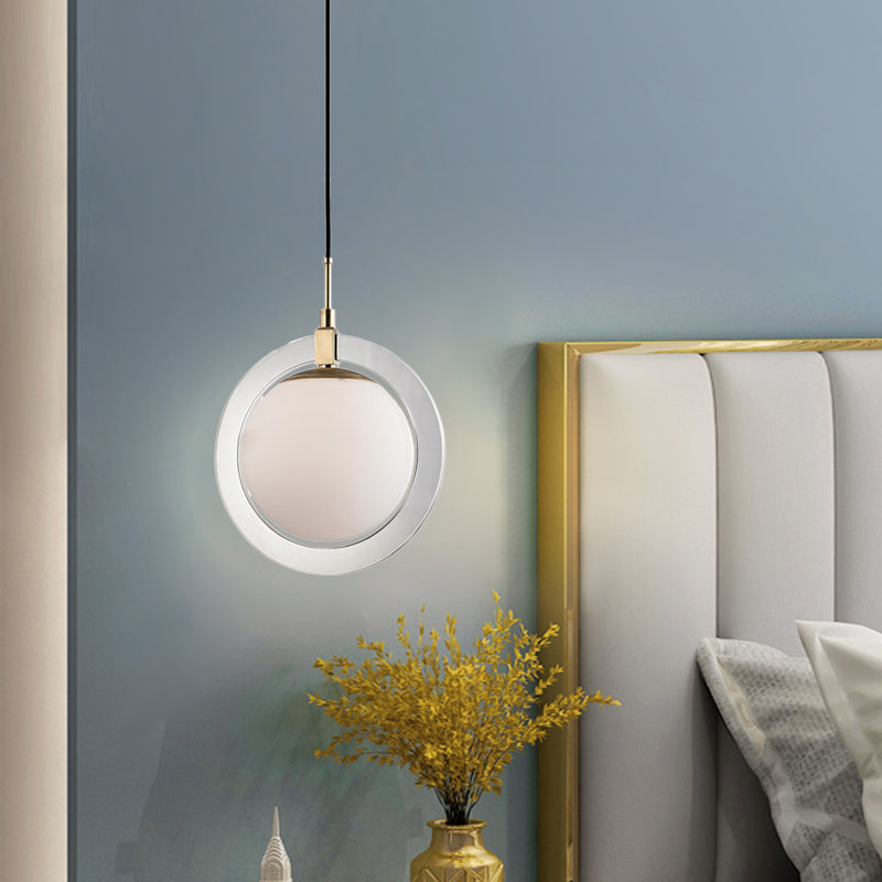 Globe Hanging Pendant Light Minimalist White Glass Single Bedside Suspended Lighting Fixture with Ring Arm