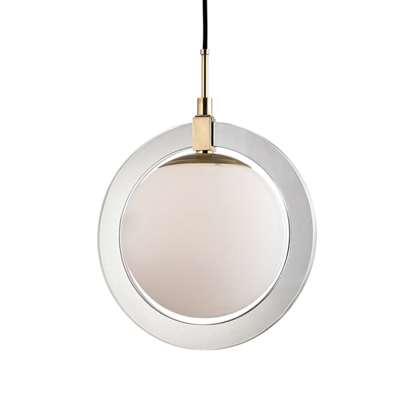 Globe Hanging Pendant Light Minimalist White Glass Single Bedside Suspended Lighting Fixture with Ring Arm