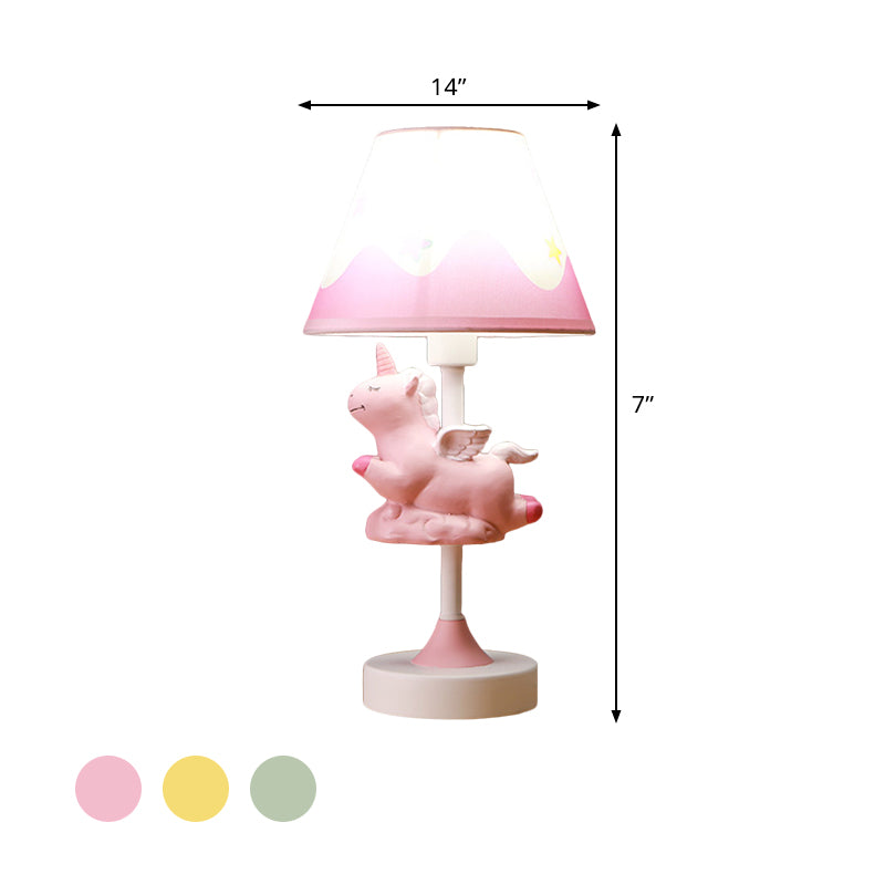 Unicorn Schlafzimmer Nachtlichtharz 1 Licht Cartoon Nachttischlampe in Rosa/Gelb/Blau mit Kegelstoffschatten