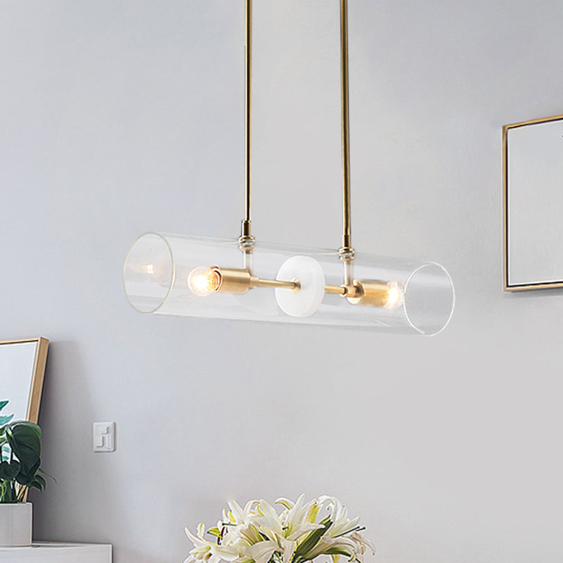 Clear Glass Horizontal Tube Island Pendant Minimalist 2 Heads Brass Finish Suspended Lighting Fixture
