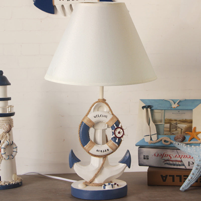 Light/Dark Blue Anchor Resin Nightstand Light Mediterranean 1-Bulb Fabric Night Table Lamp for Bedroom