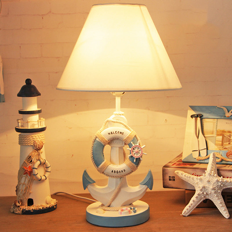 Light/Dark Blue Anchor Resin Nightstand Light Mediterranean 1-Bulb Fabric Night Table Lamp for Bedroom