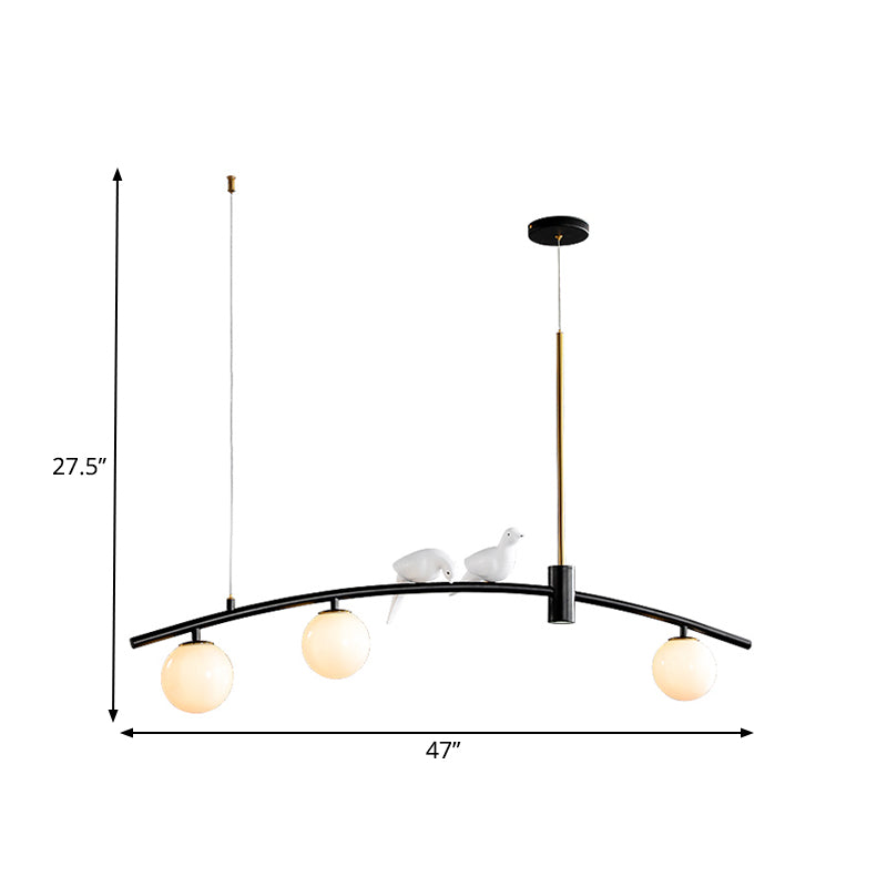 Mini Sfera Milk Glass Isola Lampada moderna a 3 teste sospensione di erraio nero Ciondolo con decorazione per uccelli