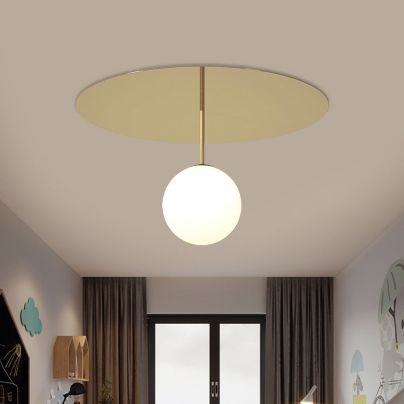 Cream Glass Ball Semi Flush Light Fixture Simple 1 Head Gold Ceiling Mount Lamp with Disc Canopy