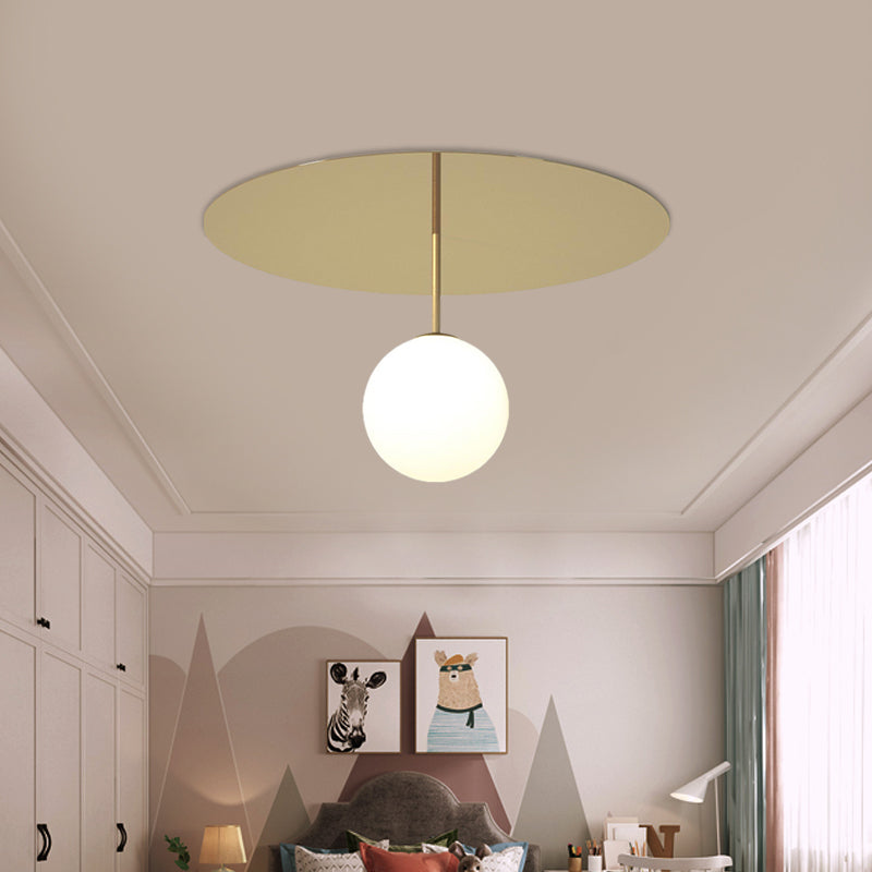 Cream Glass Ball Semi Flush Light Fixture Simple 1 Head Gold Ceiling Mount Lamp with Disc Canopy