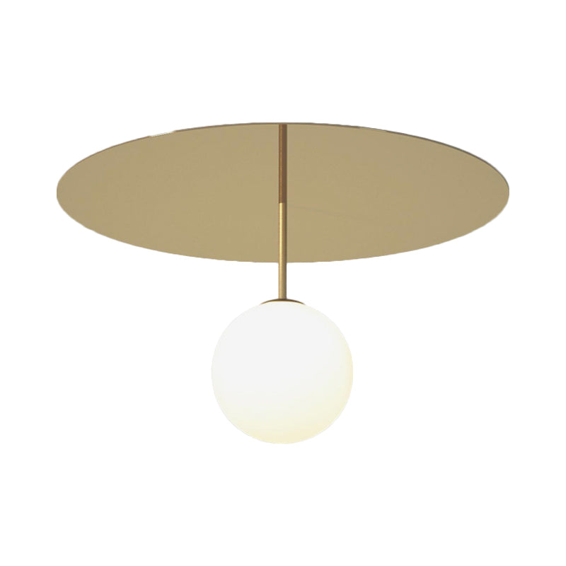 Cream Glass Ball Semi Flush Light Fixture Simple 1 Head Gold Ceiling Mount Lamp with Disc Canopy