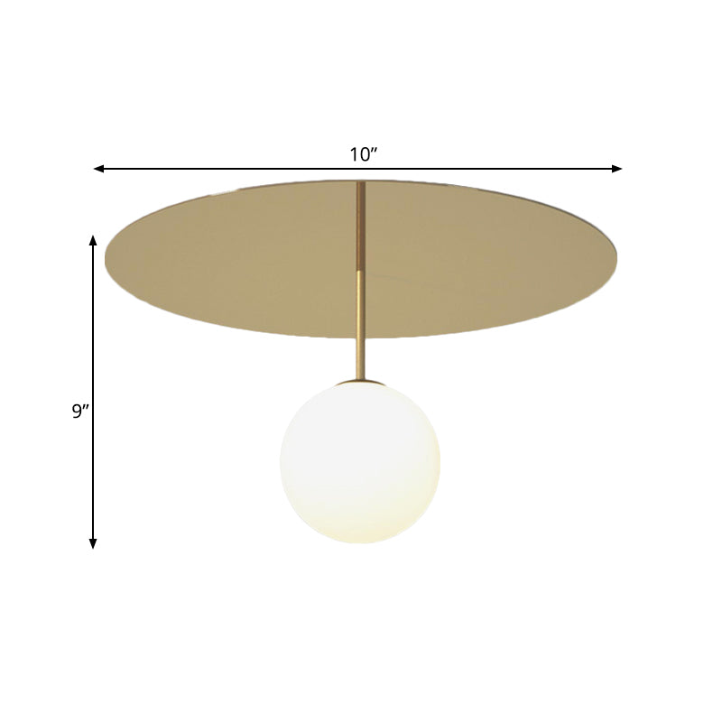 Cream Glass Ball Semi Flush Light Fixture Simple 1 Head Gold Ceiling Mount Lamp with Disc Canopy