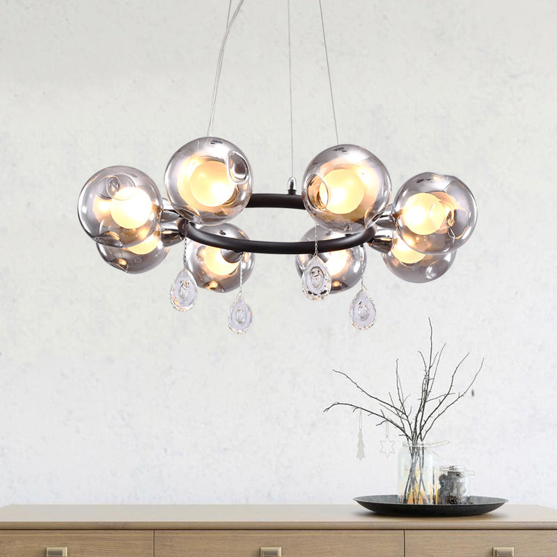 Circular Smoke Grey Glass Orb Pendant Modernism 8 Lights Black Chandelier with Droplet