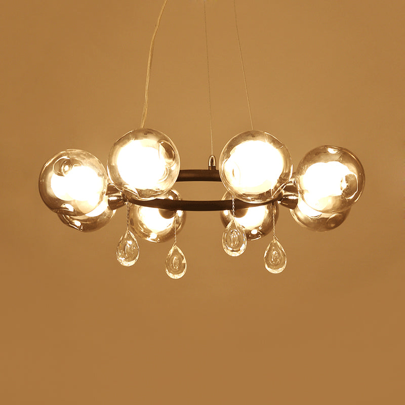 Circular Smoke Grey Glass Orb Pendant Modernism 8 Lights Black Chandelier with Droplet
