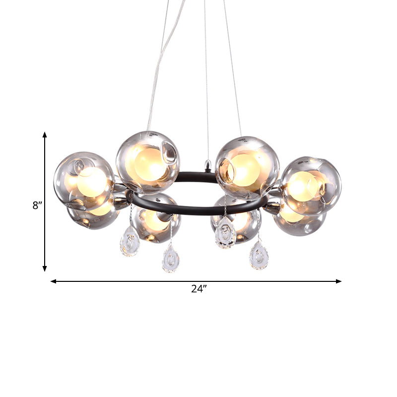 Circular Smoke Grey Glass Orb Pendant Modernism 8 Lights Black Chandelier with Droplet