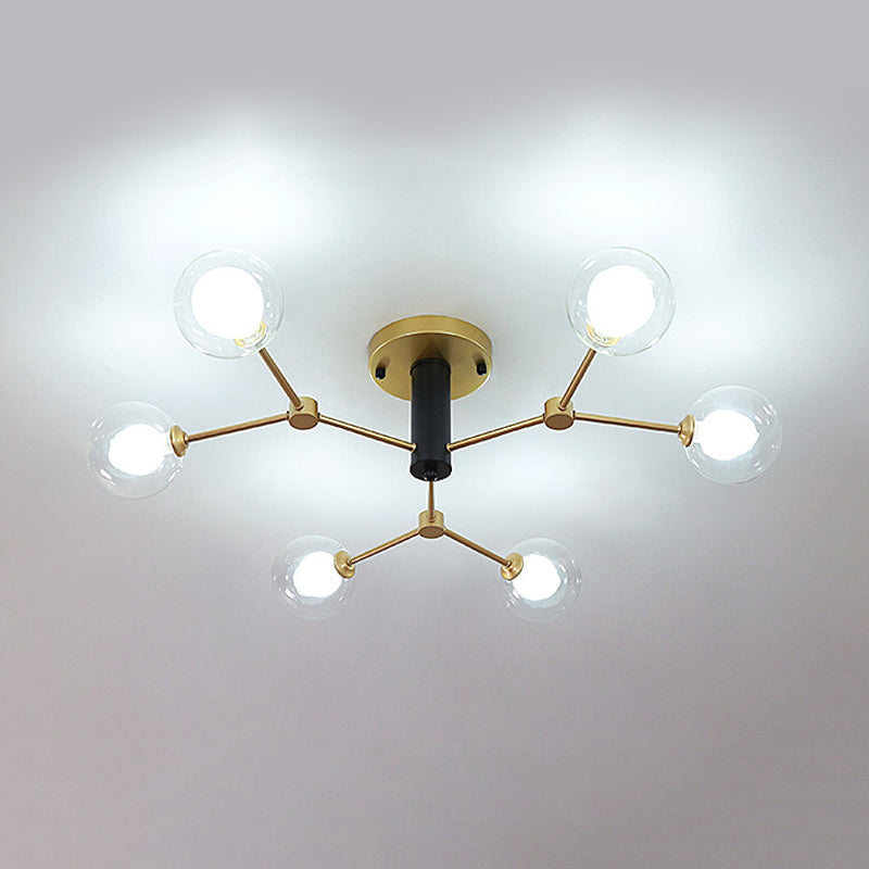 Postmodern Molecule Ceiling Light Clear and White Glass 6 Heads Bedroom Semi Flush Mount Lighting in Gold