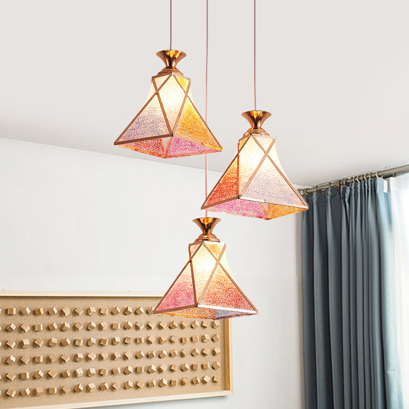 3-Head Dining Room Multiple Hanging Light Modern Stylish Rose Gold Pendant Lamp with Pyramidal Gradient Pink Glass Shade