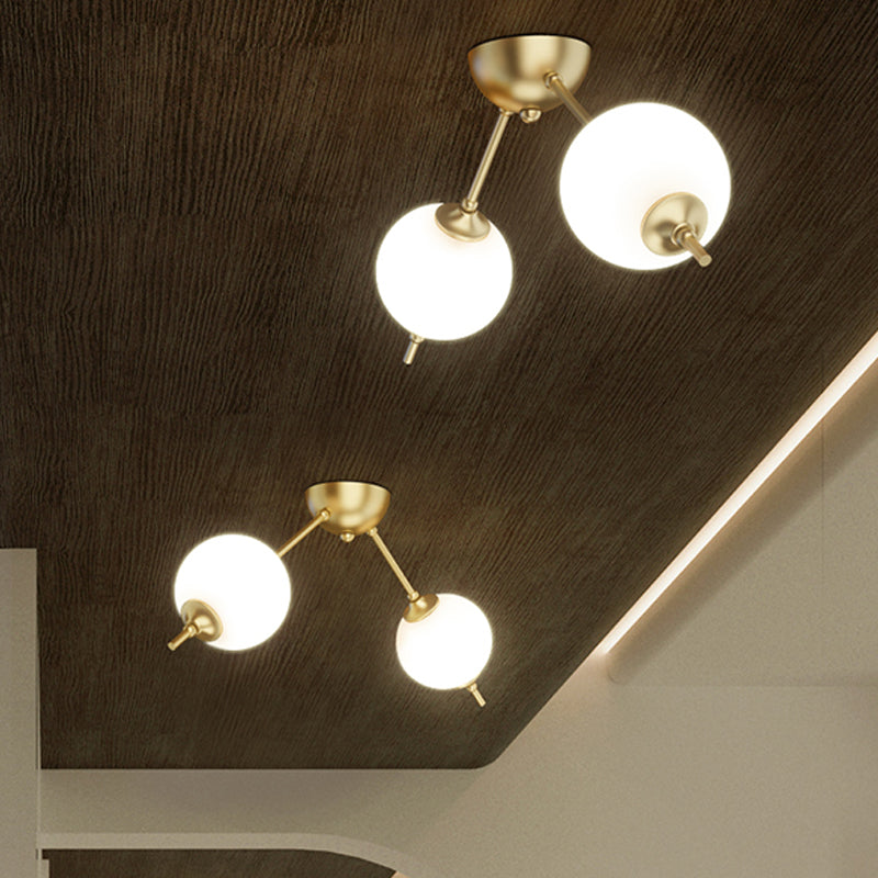 2/3 Lights Living Room Semi Flush Postmodern Brass Ceiling Mount Light with Branching Ivory Glass Shade