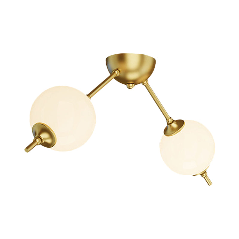 2/3 Lights Living Room Semi Flush Postmodern Brass Ceiling Mount Light with Branching Ivory Glass Shade