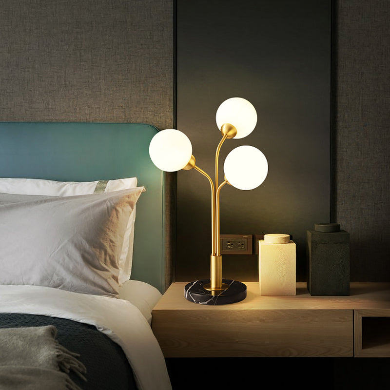 Furcated Nightstand Light Postmodern Opaline Glass 3 Heads Bedside Table Lamp in Brass