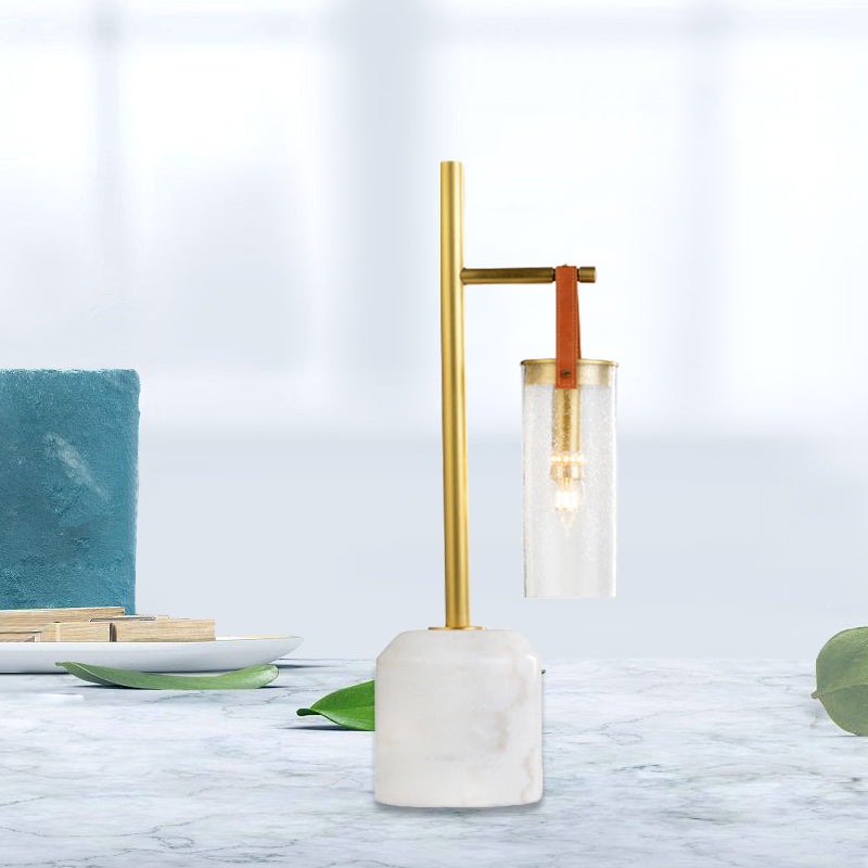 Mid eeuws buis laadachtige glazen tafel licht lichte lamp nachtkastje lamp met lederen band en marmerbasis in goud