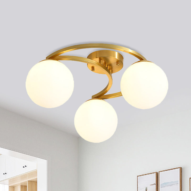 Modern Ball Milk Glass Flush Light 3/6 Heads Close to Ceiling Lamp with Crescent Canopy in Brass