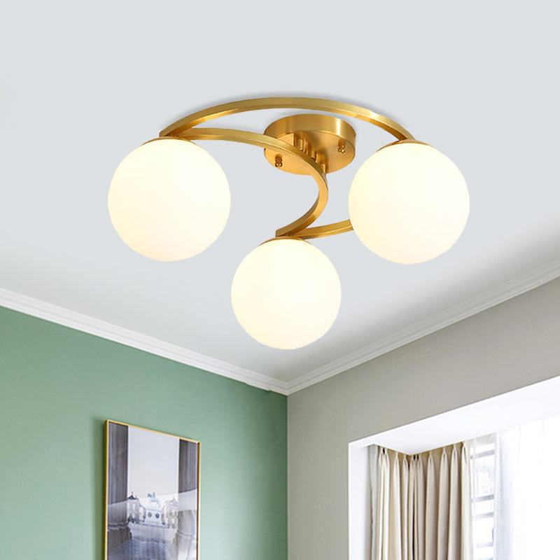 Modern Ball Milk Glass Flush Light 3/6 Heads Close to Ceiling Lamp with Crescent Canopy in Brass