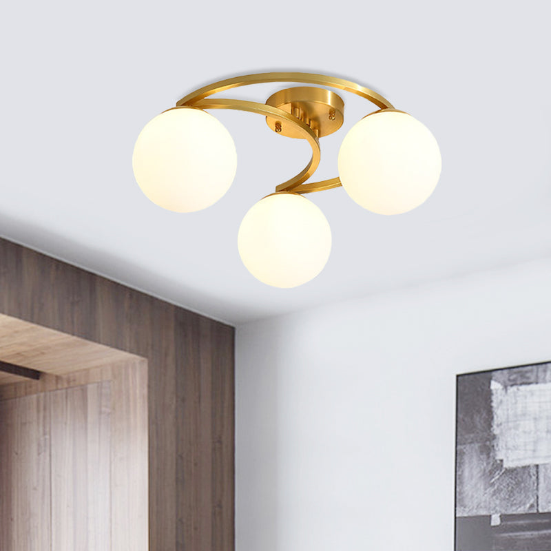 Modern Ball Milk Glass Flush Light 3/6 Heads Close to Ceiling Lamp with Crescent Canopy in Brass