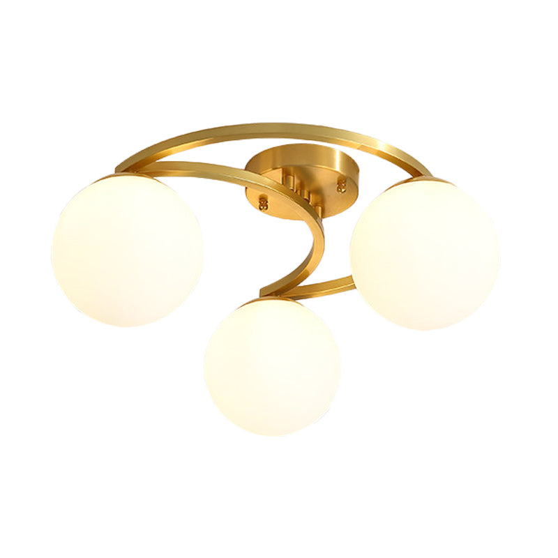 Modern Ball Milk Glass Flush Light 3/6 Heads Close to Ceiling Lamp with Crescent Canopy in Brass