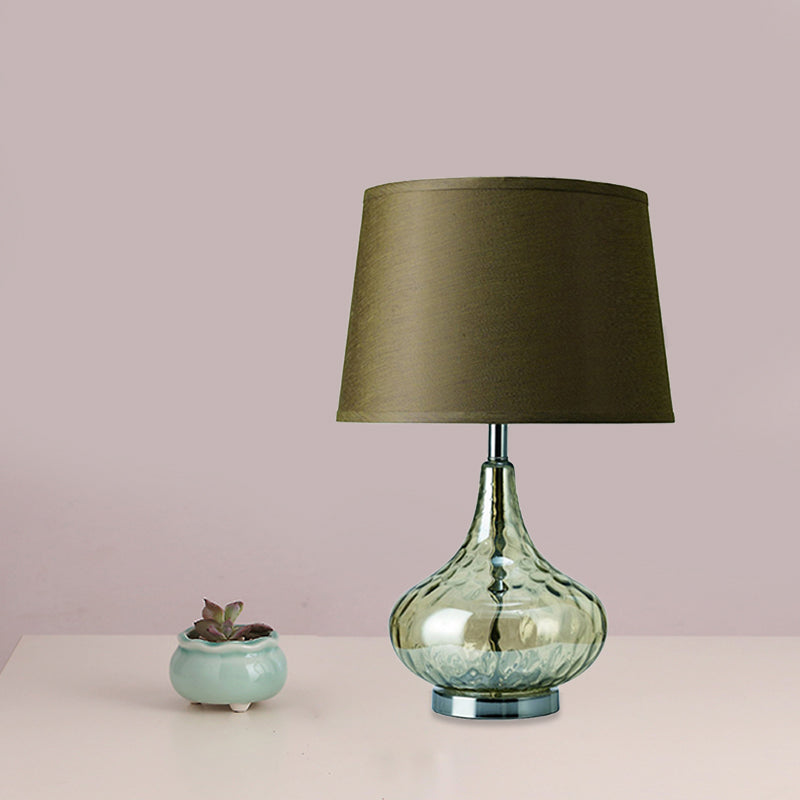 Bellied Vase Table Lamp Modern Clear Hammered Glass 1 Head Hotel Night Light with Army Green Fabric Lampshade
