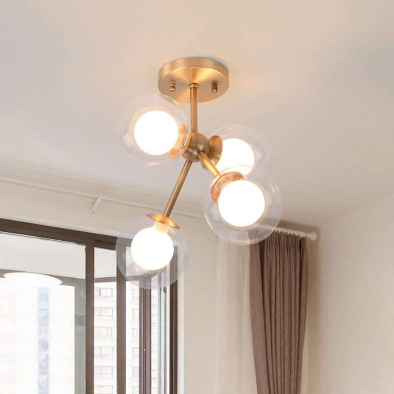 Branching Semi Flush Ceiling Light Postmodernist Transparent Glass 4-Light Bedroom Flush Mount Fixture in Brass