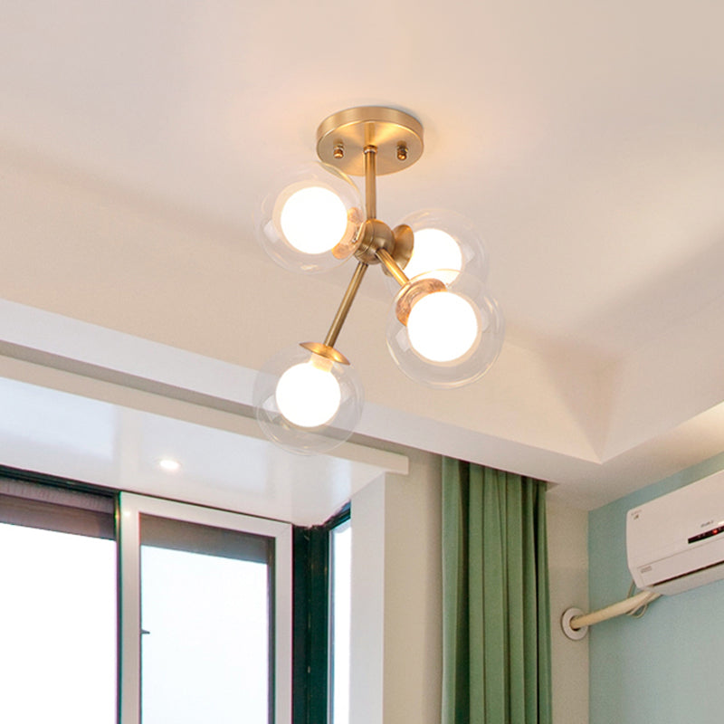 Branching Semi Flush Ceiling Light Postmodernist Transparent Glass 4-Light Bedroom Flush Mount Fixture in Brass