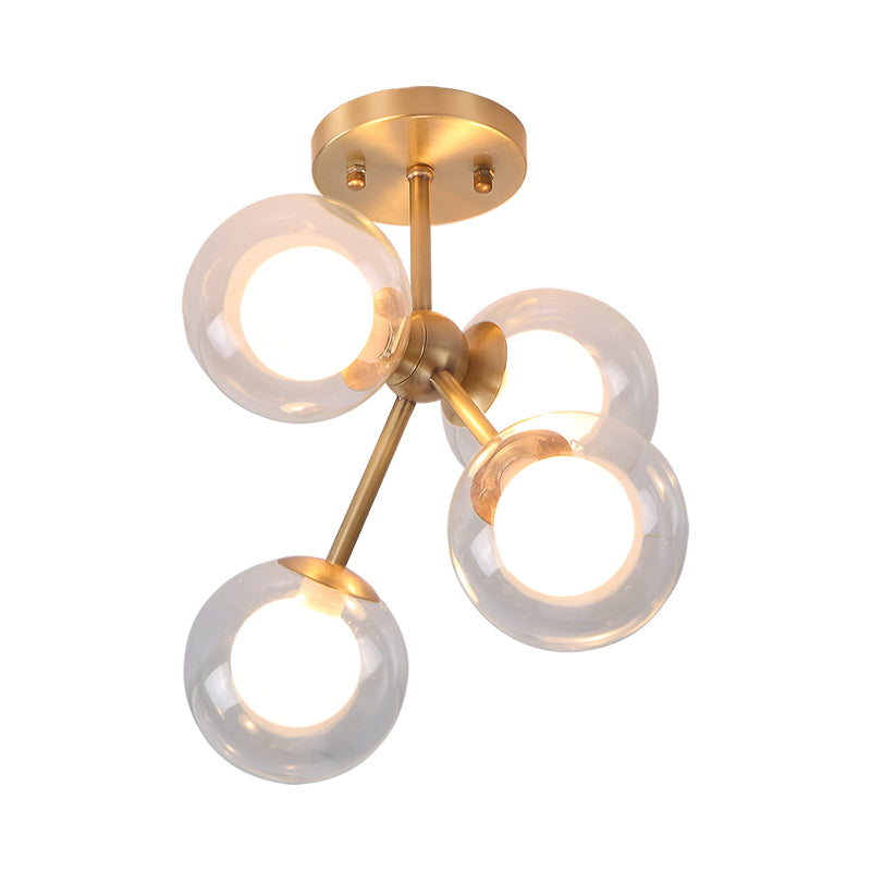 Branching Semi Flush Ceiling Light Postmodernist Transparent Glass 4-Light Bedroom Flush Mount Fixture in Brass