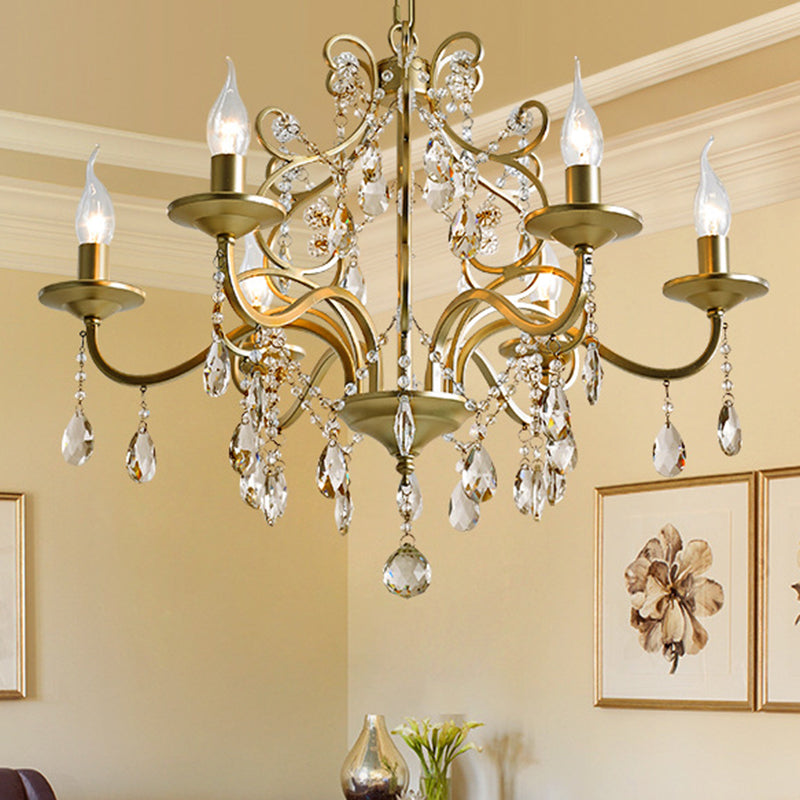 Metal Gold Hanging Chandelier Bent Arm 3/6-Bulb Contemporary Drop Pendant with Crystal Accent
