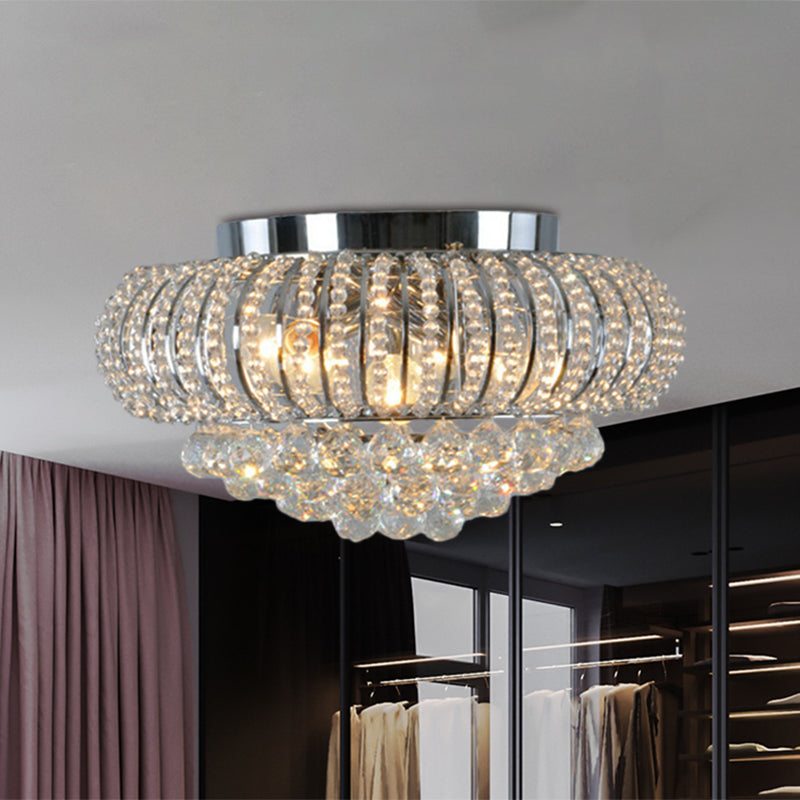 Oval Faceted Crystal Flush Mount Light Modernism 3 Heads Living Room Ceiling Lighting in Chrome