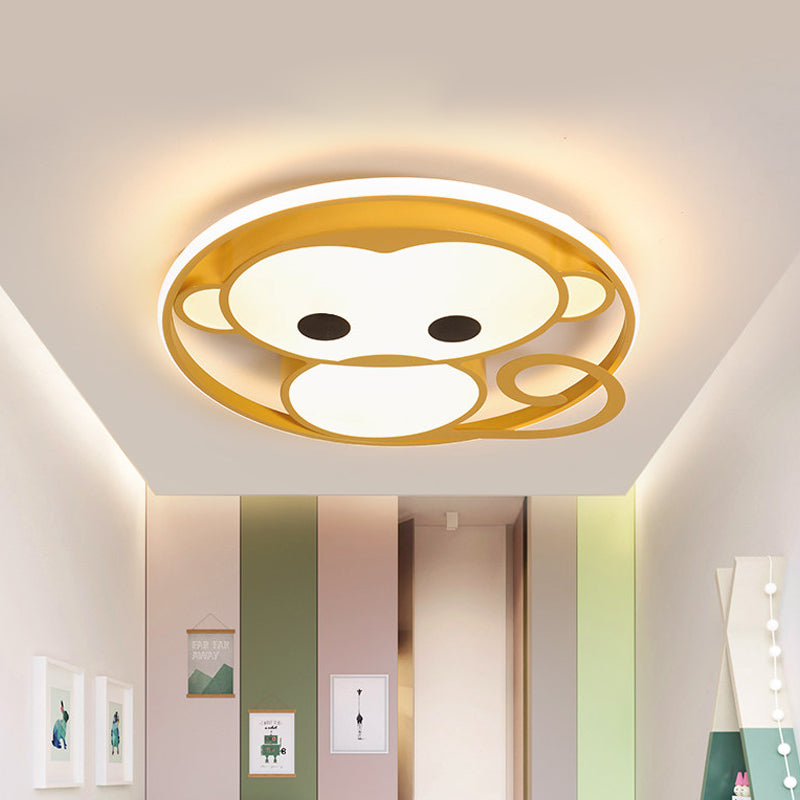 Monkey Kids Bedroom Ceiling Fixture Aluminum Cartoon LED Flush Mount Lamp in Yellow/Blue