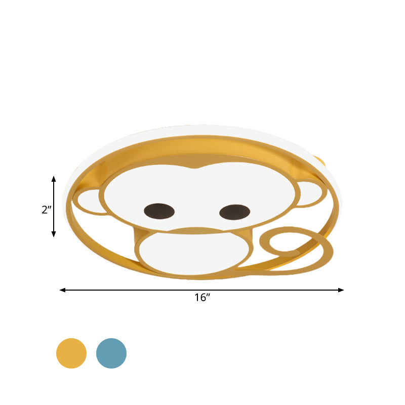 Monkey Kids Bedroom Ceiling Fixture Aluminum Cartoon LED Flush Mount Lamp in Yellow/Blue