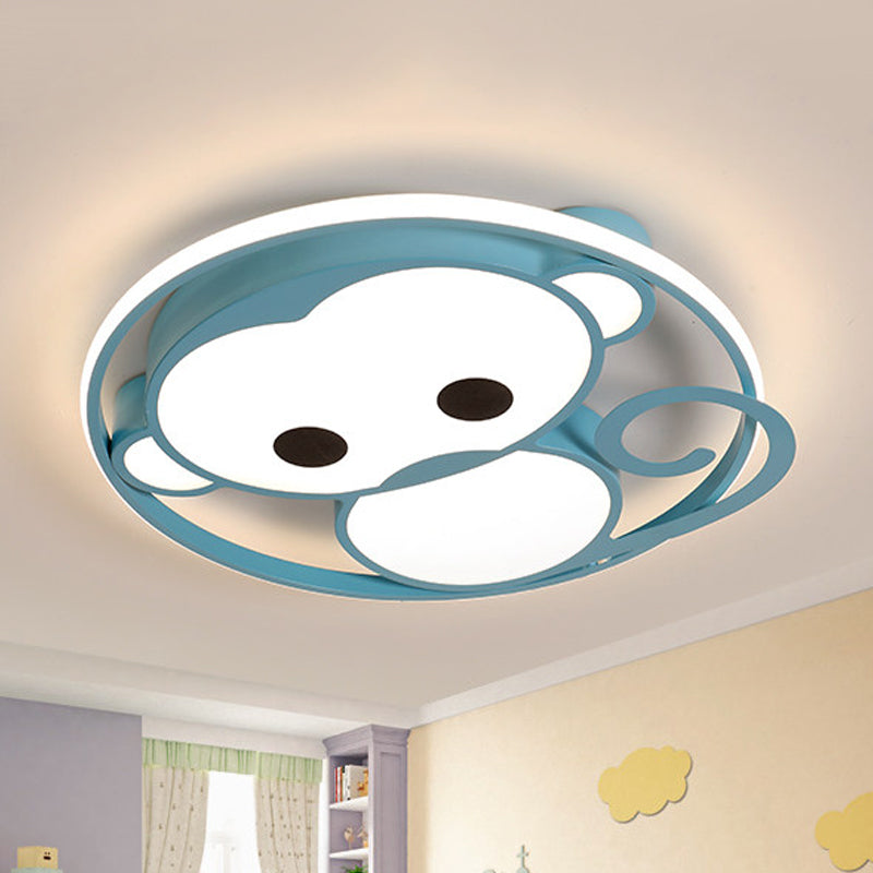 Monkey Kids Bedroom Ceiling Fixture Aluminum Cartoon LED Flush Mount Lamp in Yellow/Blue