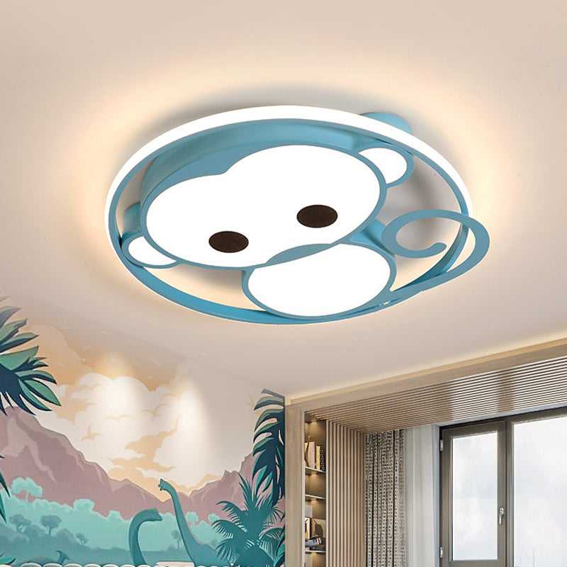 Monkey Kids Bedroom Ceiling Fixture Aluminum Cartoon LED Flush Mount Lamp in Yellow/Blue