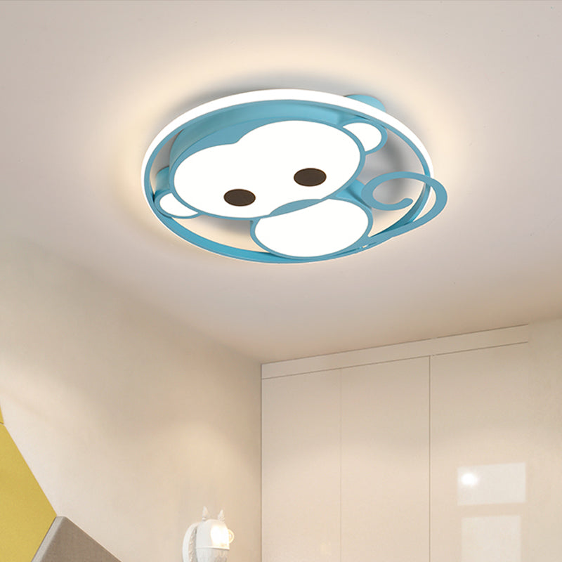 Monkey Kids Bedroom Ceiling Fixture Aluminum Cartoon LED Flush Mount Lamp in Yellow/Blue