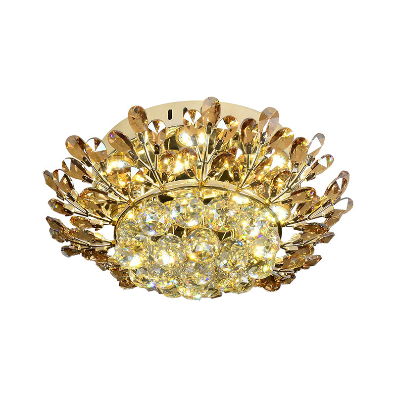 Cognac and Clear Crystal Gold Ceiling Lamp Branch LED Contemporary Flush Mount Lighting Fixture in Gold for Living Room