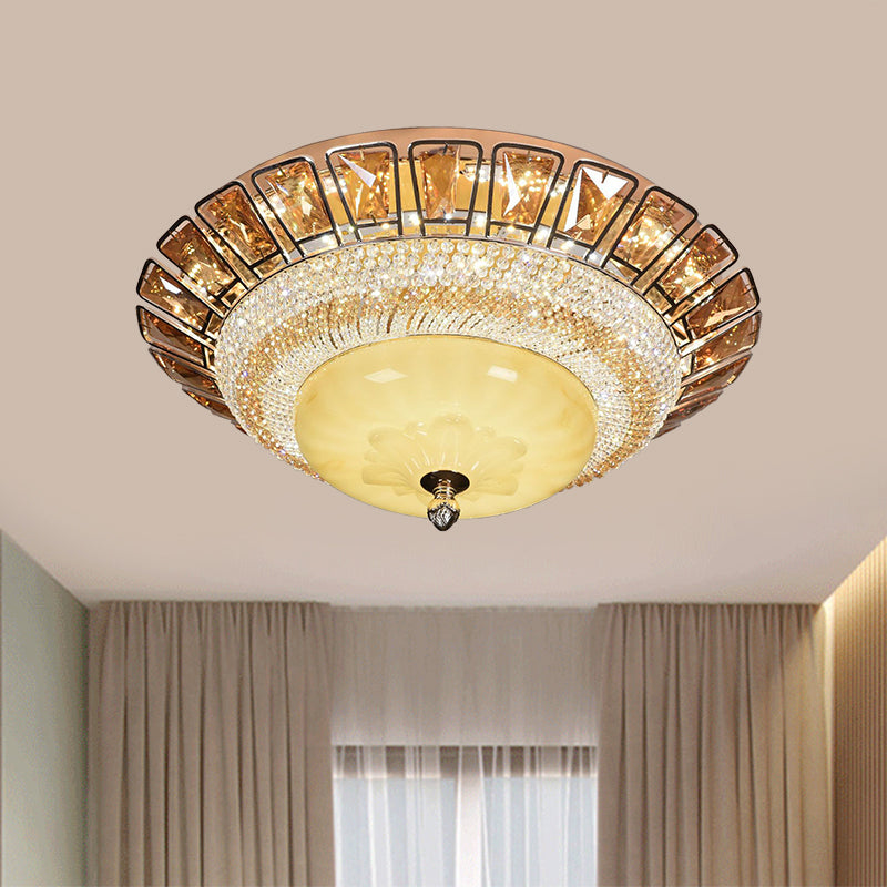 Bowl Cognac and Clear Crystal Ceiling Light Contemporary LED Living Room Flush Mount Fixture in Gold