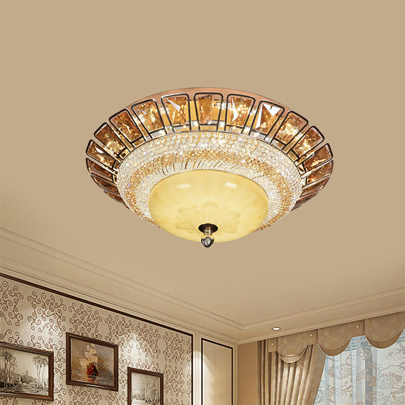 Bowl Cognac and Clear Crystal Ceiling Light Contemporary LED Living Room Flush Mount Fixture in Gold