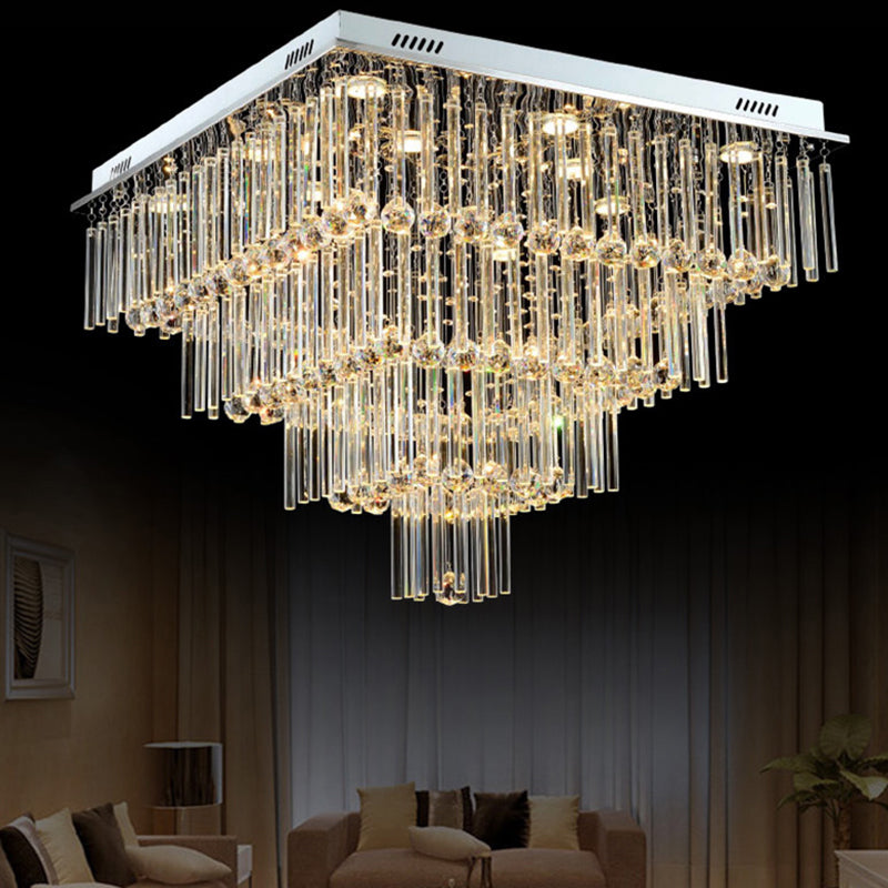 12 Bulbs Flushmount Lighting Simple Style Tiered Square Flute Crystal Ceiling Mount Light in Chrome