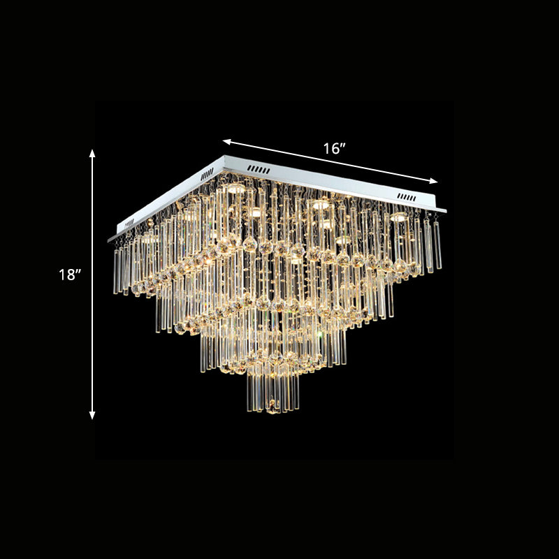 12 Bulbs Flushmount Lighting Simple Style Tiered Square Flute Crystal Ceiling Mount Light in Chrome