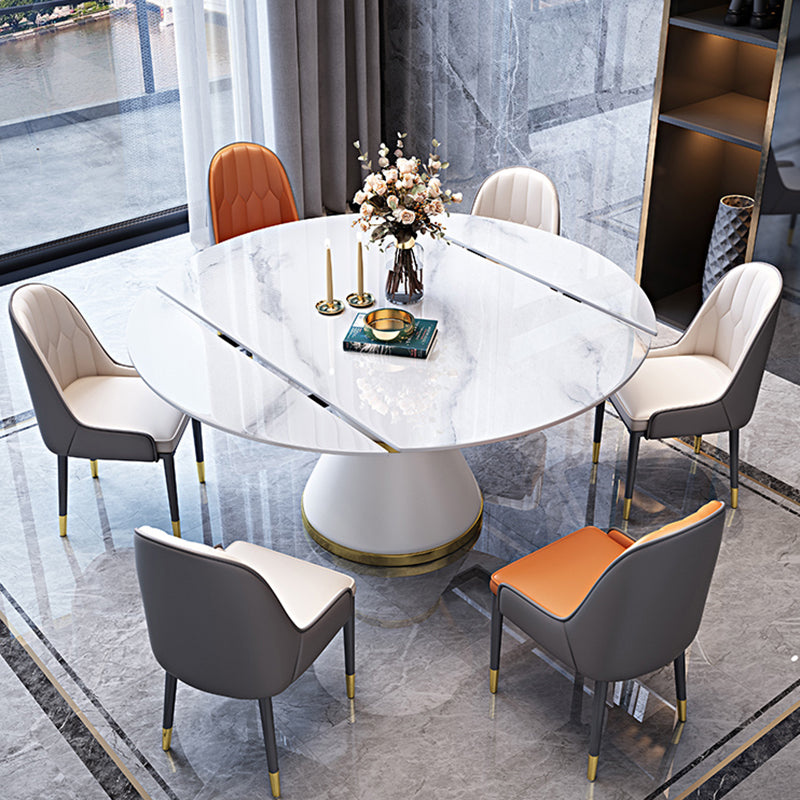 Luxury Round White Stone Top Dining Table with White & Gold Pedestal
