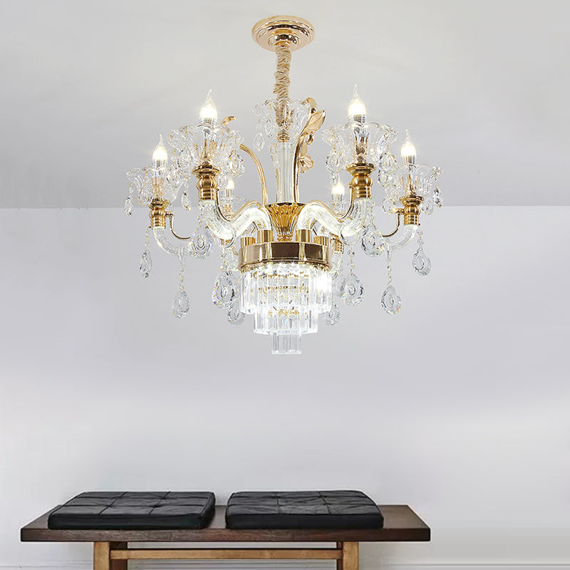 Clear Glass Candelabra Chandelier Traditional 6-Light Dining Room Ceiling Suspension Lamp in Gold with Cystal Accent