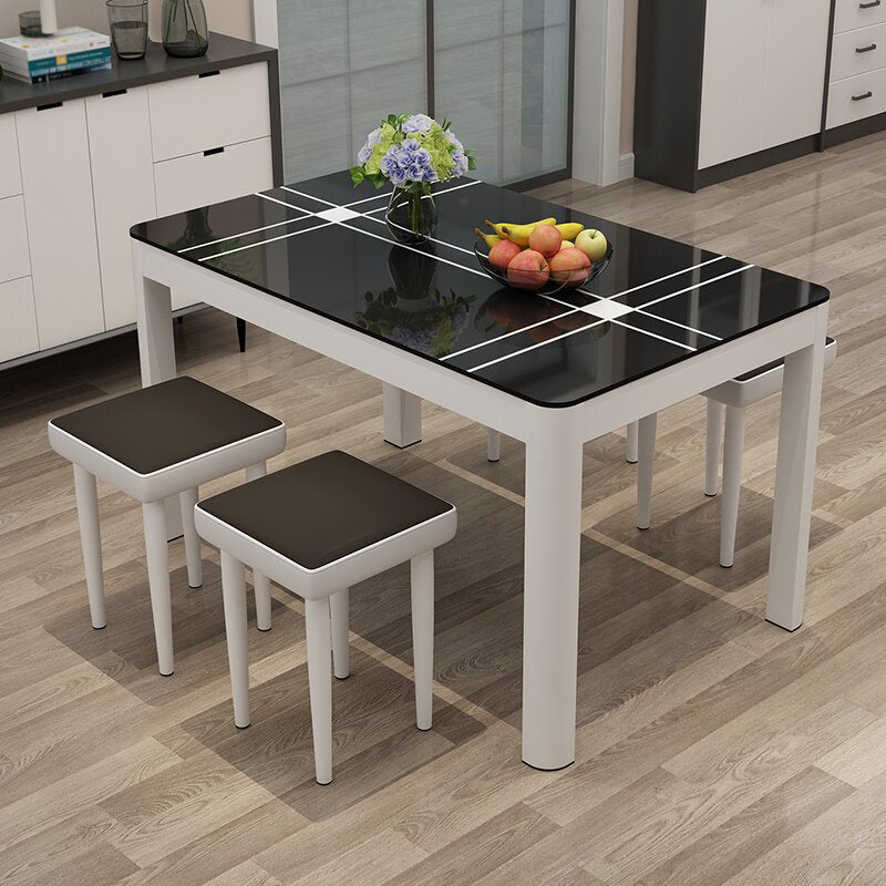 Contemporary Rectangle Black Glass Dining Table with 4 Steel Foot