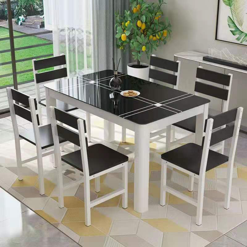 Contemporary Rectangle Black Glass Dining Table with 4 Steel Foot