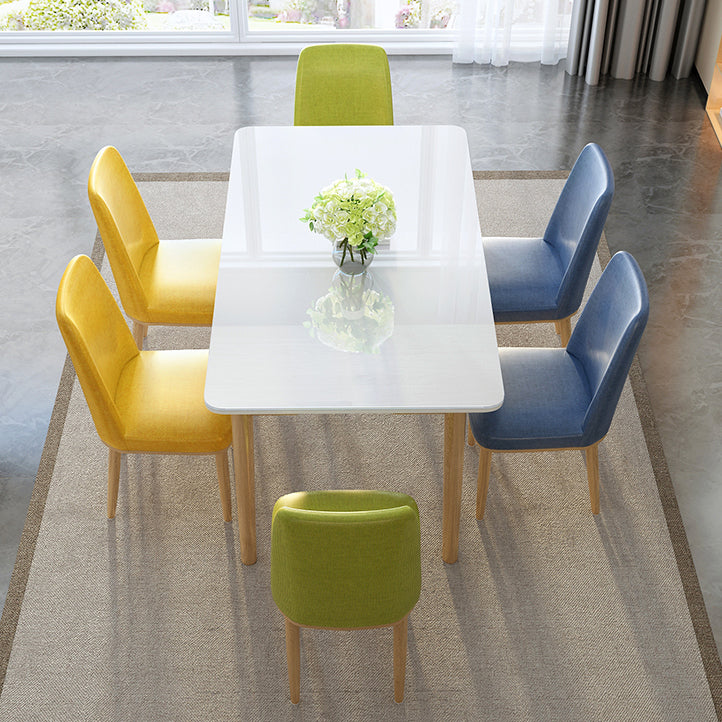 Contemporary Rectangular White Glass Dining Table with Solid Wood Legs